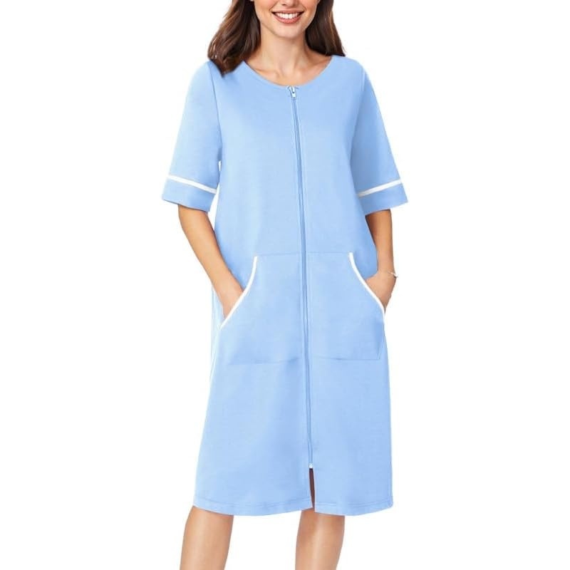 image:imageEkouaer Zip Up Robes for Women Short Zipper Front House Coats with PocketsLight Blue
