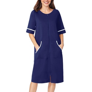 Ekouaer Zip Up Robes for Women Short Zipper Front House Coats with Pockets(Dark Navy)