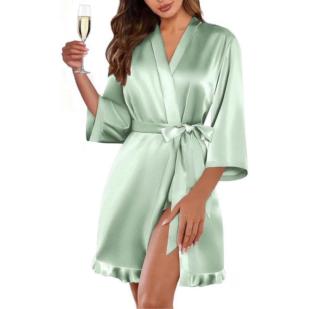 image:imageEkouaer Womens Satin Robes Short Silk Kimono Bath Robe with PocketsLight Green