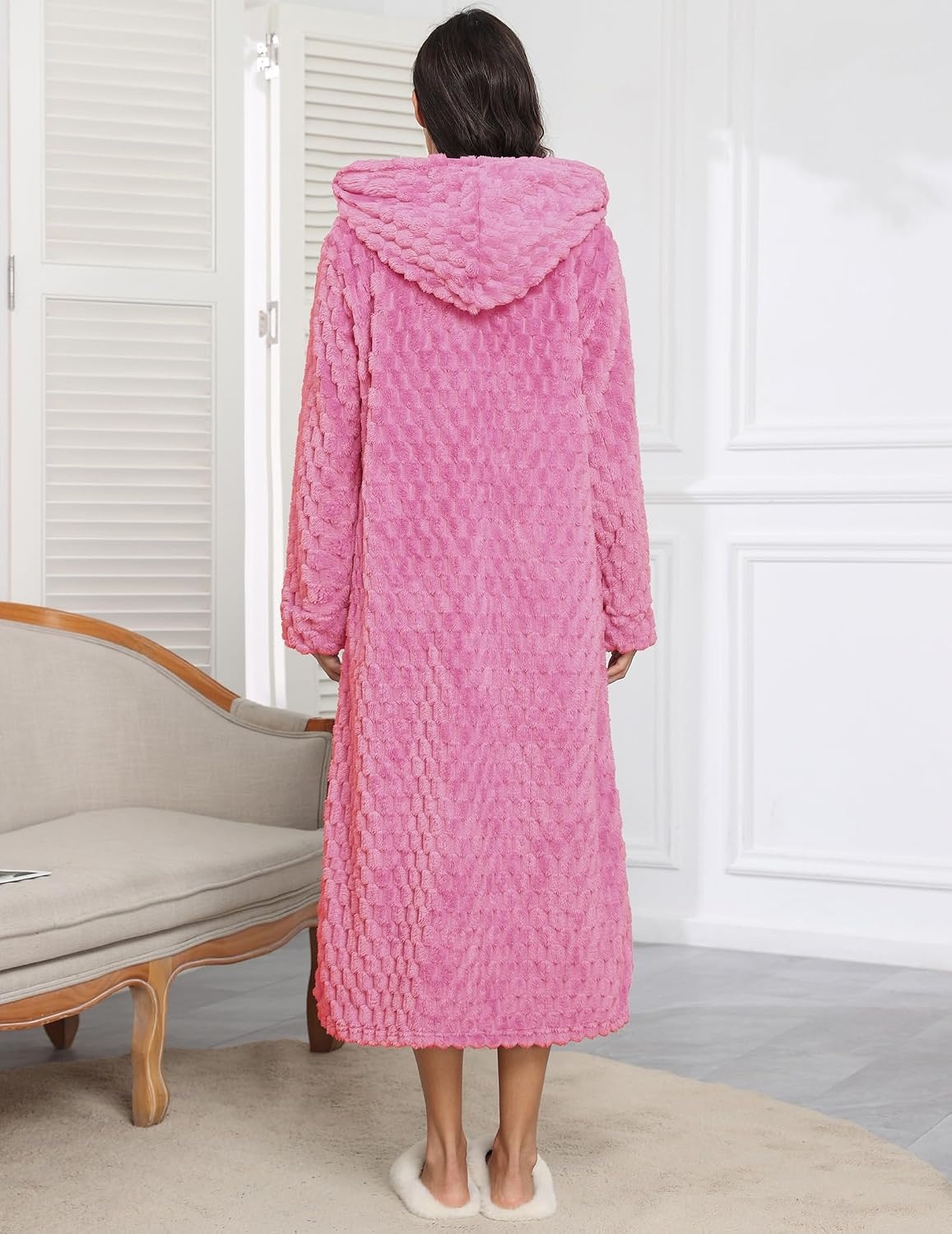 image:imageEkouaer Fleece Robes for Women Zipper Long Bathrobe Plush Hooded HousecoatP Rose Red Jacquard