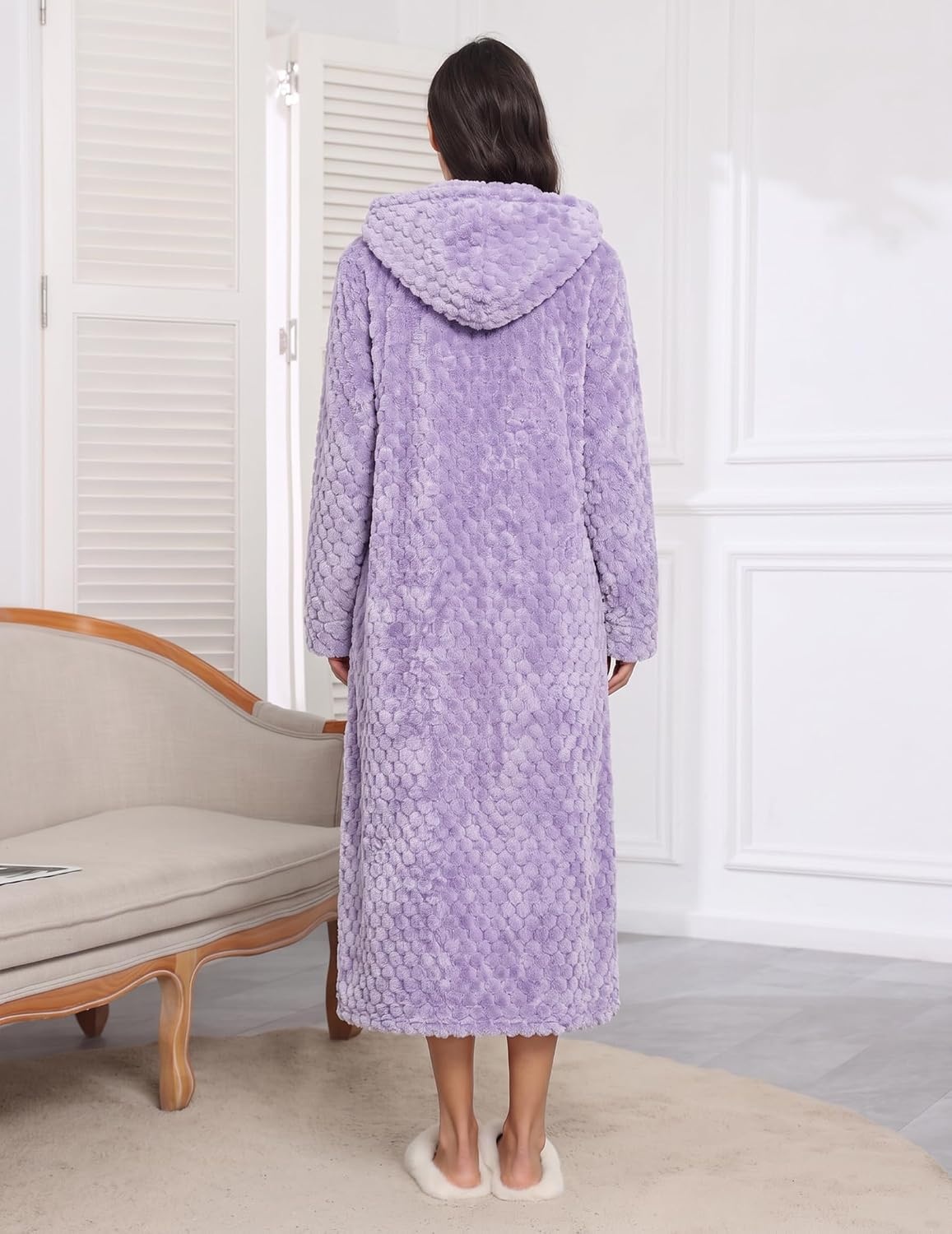 image:imageEkouaer Fleece Robes for Women Zipper Long Bathrobe Plush Hooded HousecoatPurple Jacquard