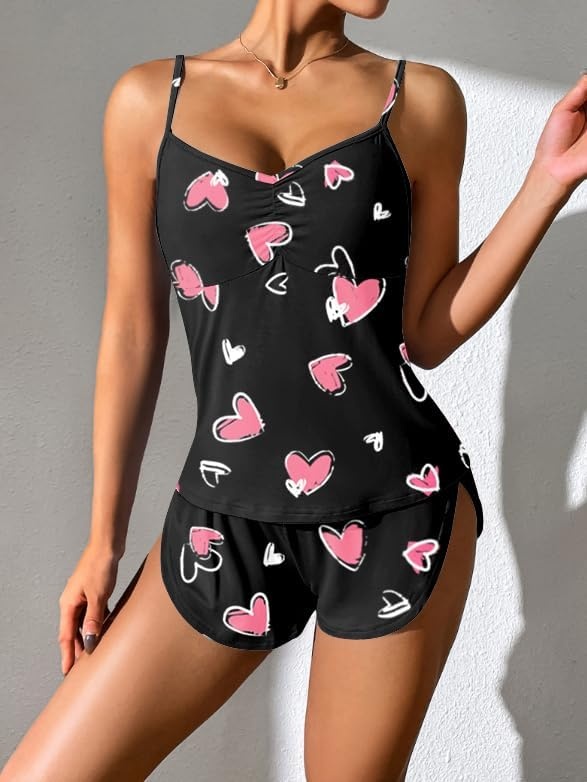 image:imageEkouaer Pajama Sets for Women V Neck Cami Split Short SetBlack Heart