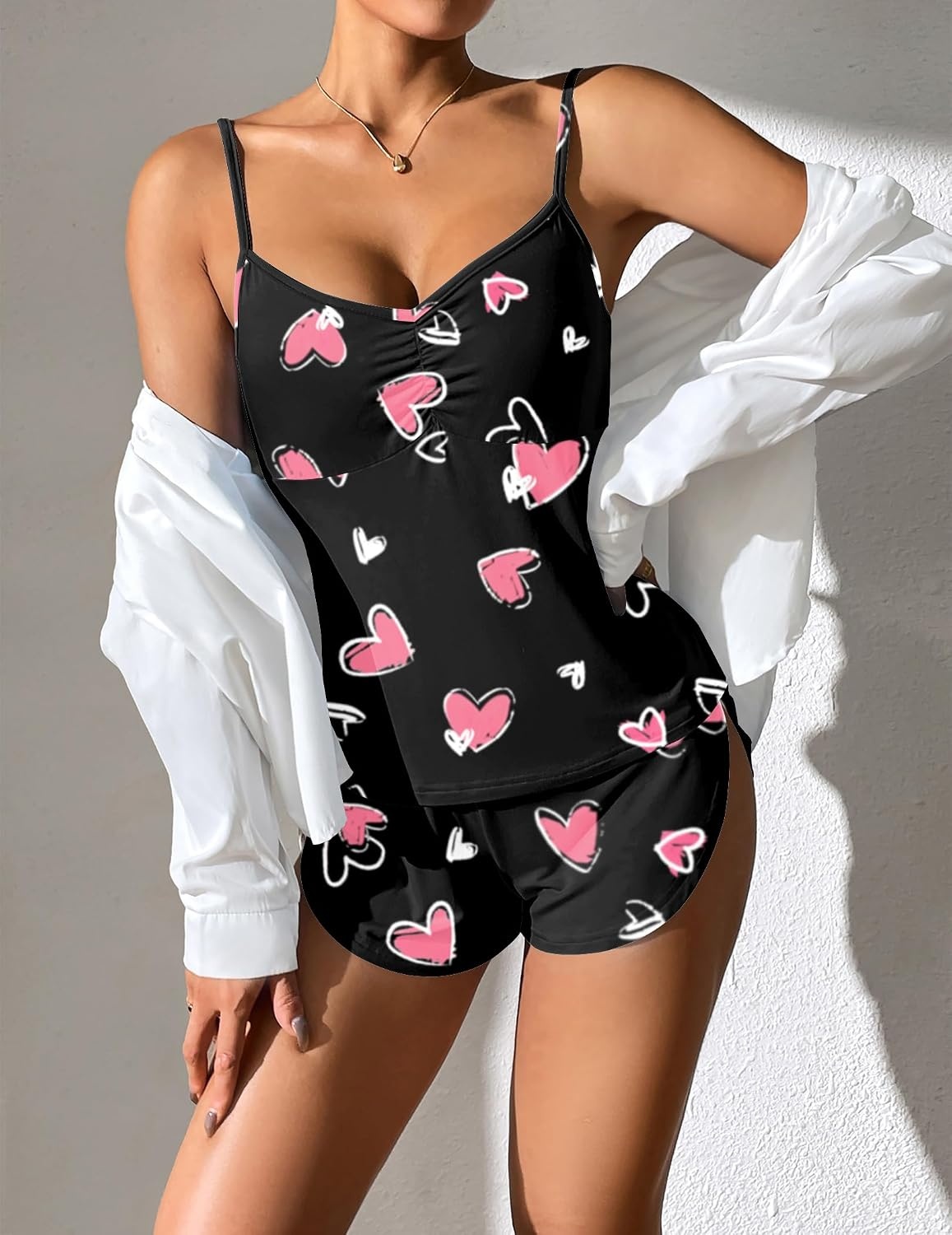 image:imageEkouaer Pajama Sets for Women V Neck Cami Split Short SetBlack Heart