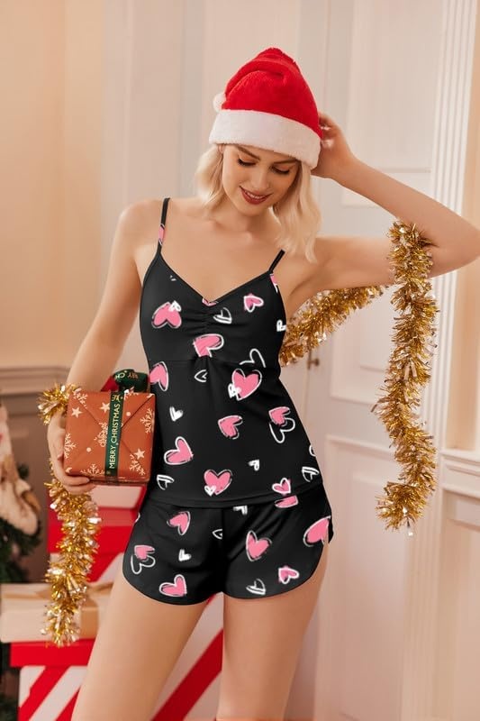 image:imageEkouaer Pajama Sets for Women V Neck Cami Split Short SetBlack Heart