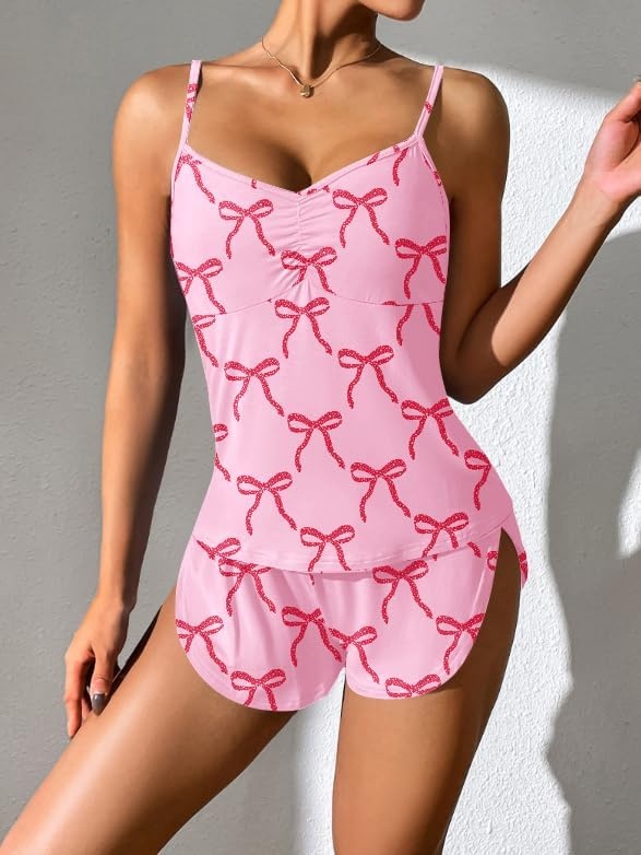 image:imageEkouaer Pajama Sets for Women V Neck Cami Split Short SetPink Bow