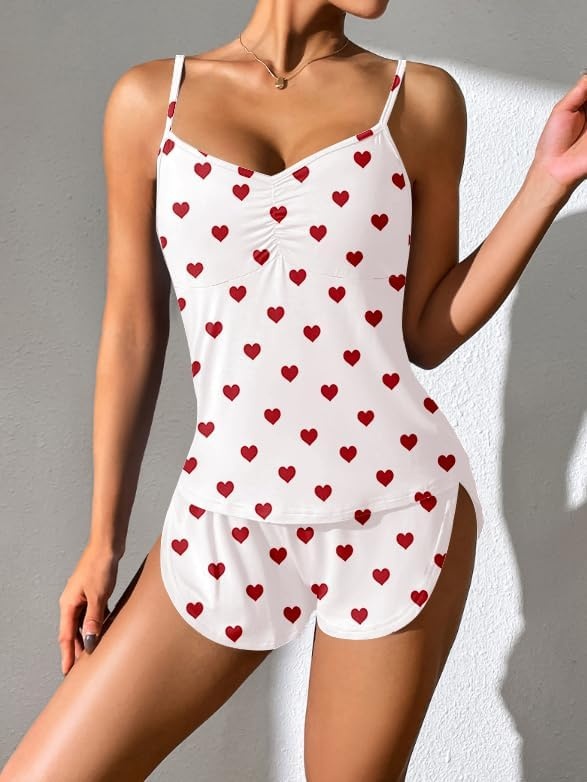 image:imageEkouaer Pajama Sets for Women V Neck Cami Split Short SetWhite Heart