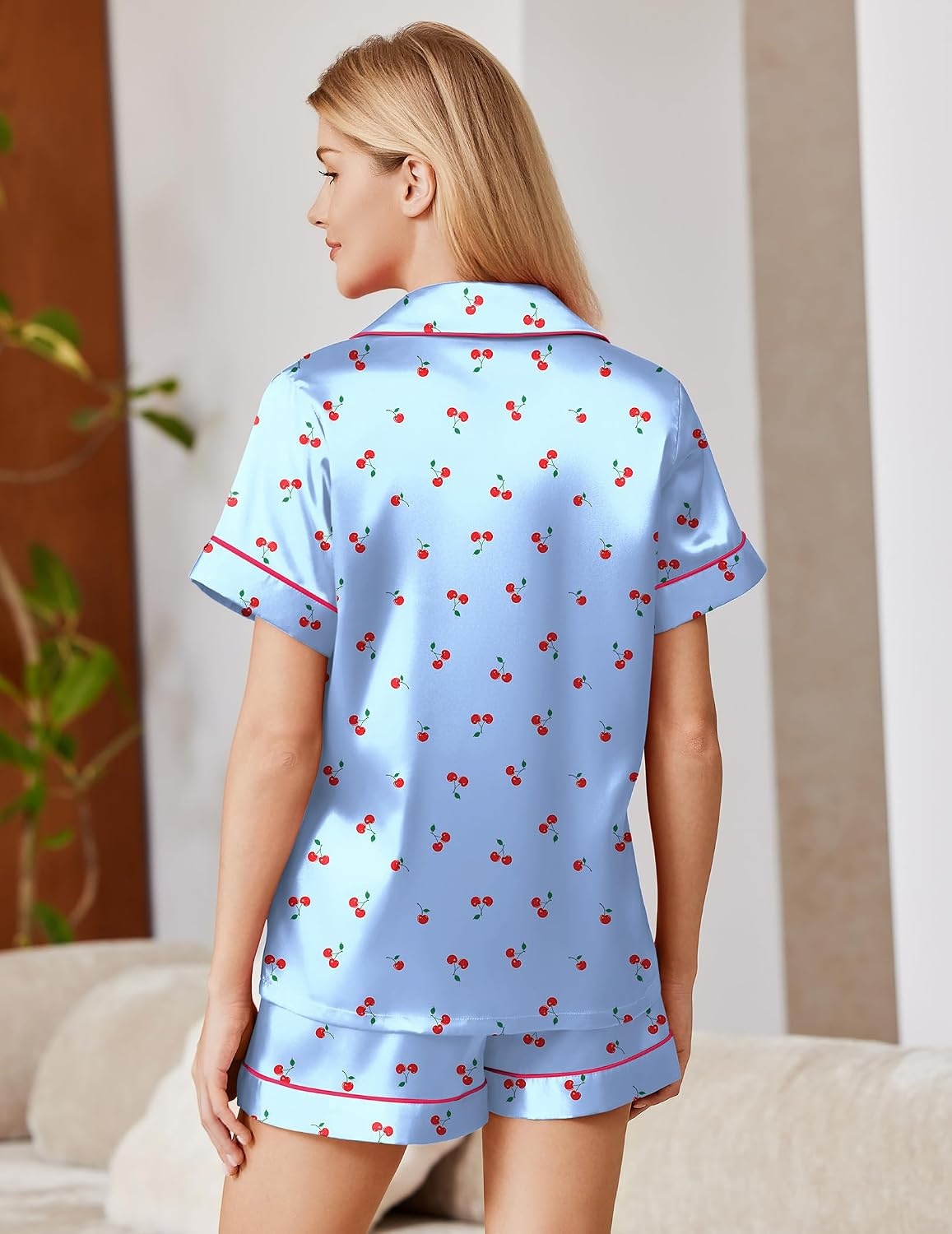 image:imageEkouaer Satin Pajamas for Women Silk Pjs Short Set 2 Piece Lounge SetsBlue Cherry