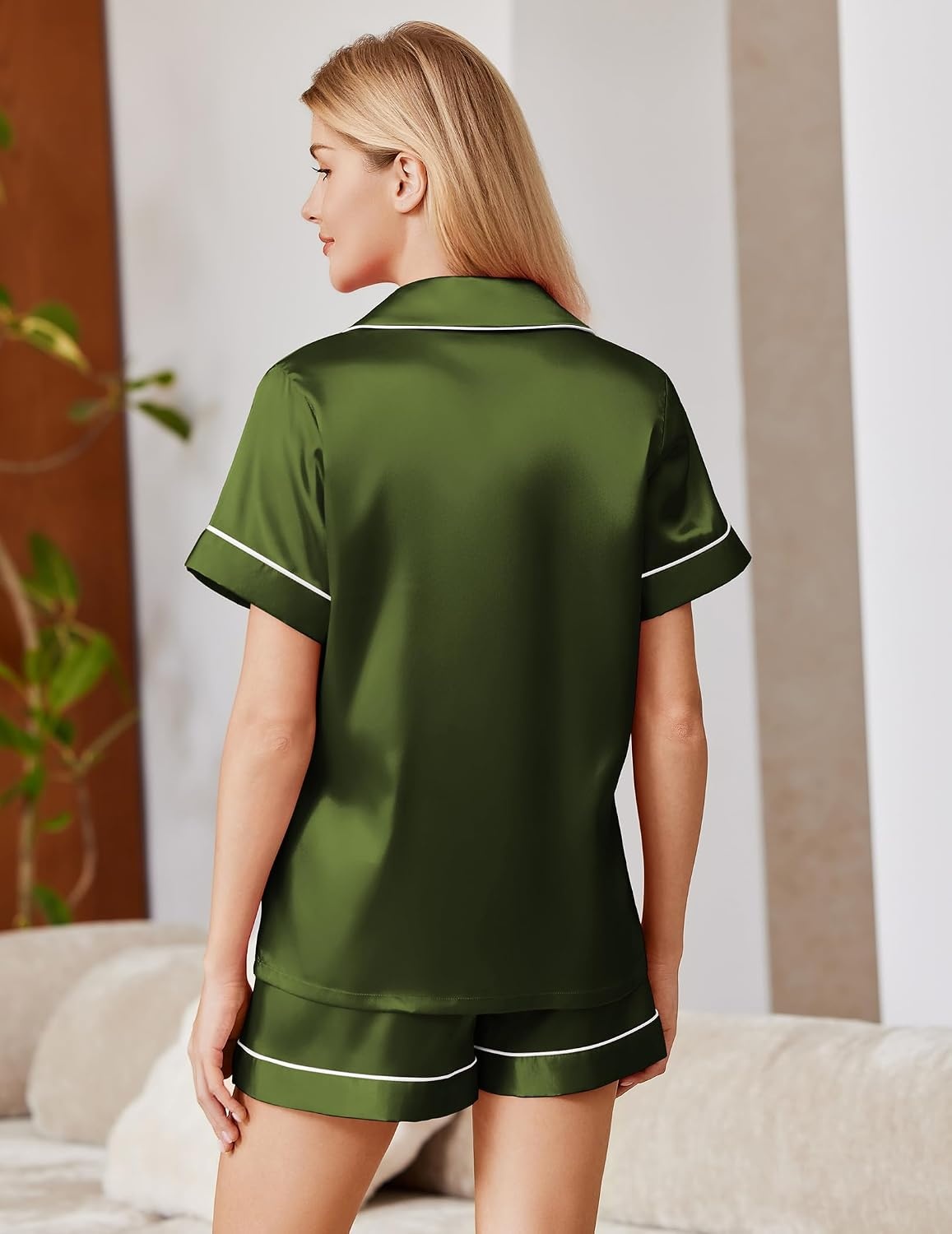 image:imageEkouaer Satin Pajamas for Women Silk Pjs Short Set 2 Piece Lounge SetsDark Army Green