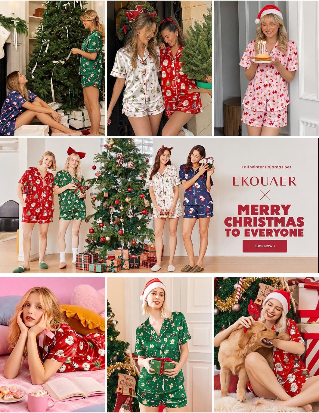 image:imageEkouaer Satin Pajamas for Women Silk Pjs Short Set 2 Piece Lounge SetsGreen Christmas