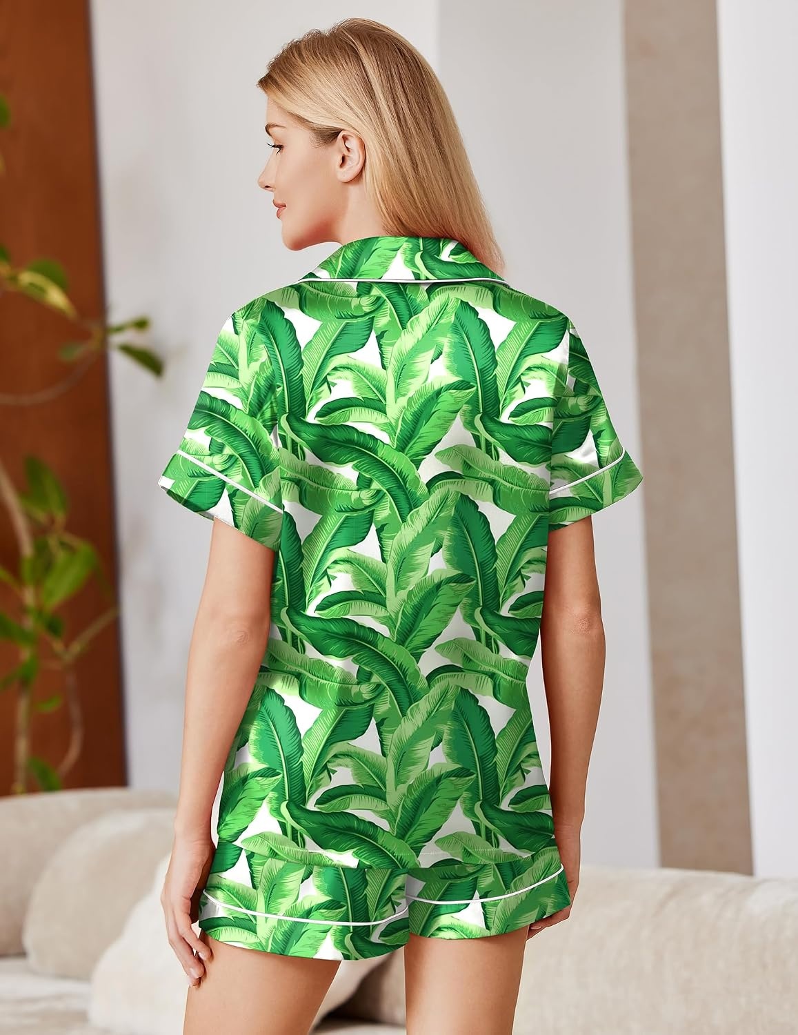 image:imageEkouaer Satin Pajamas for Women Silk Pjs Short Set 2 Piece Lounge SetsHawaii Green Leaves