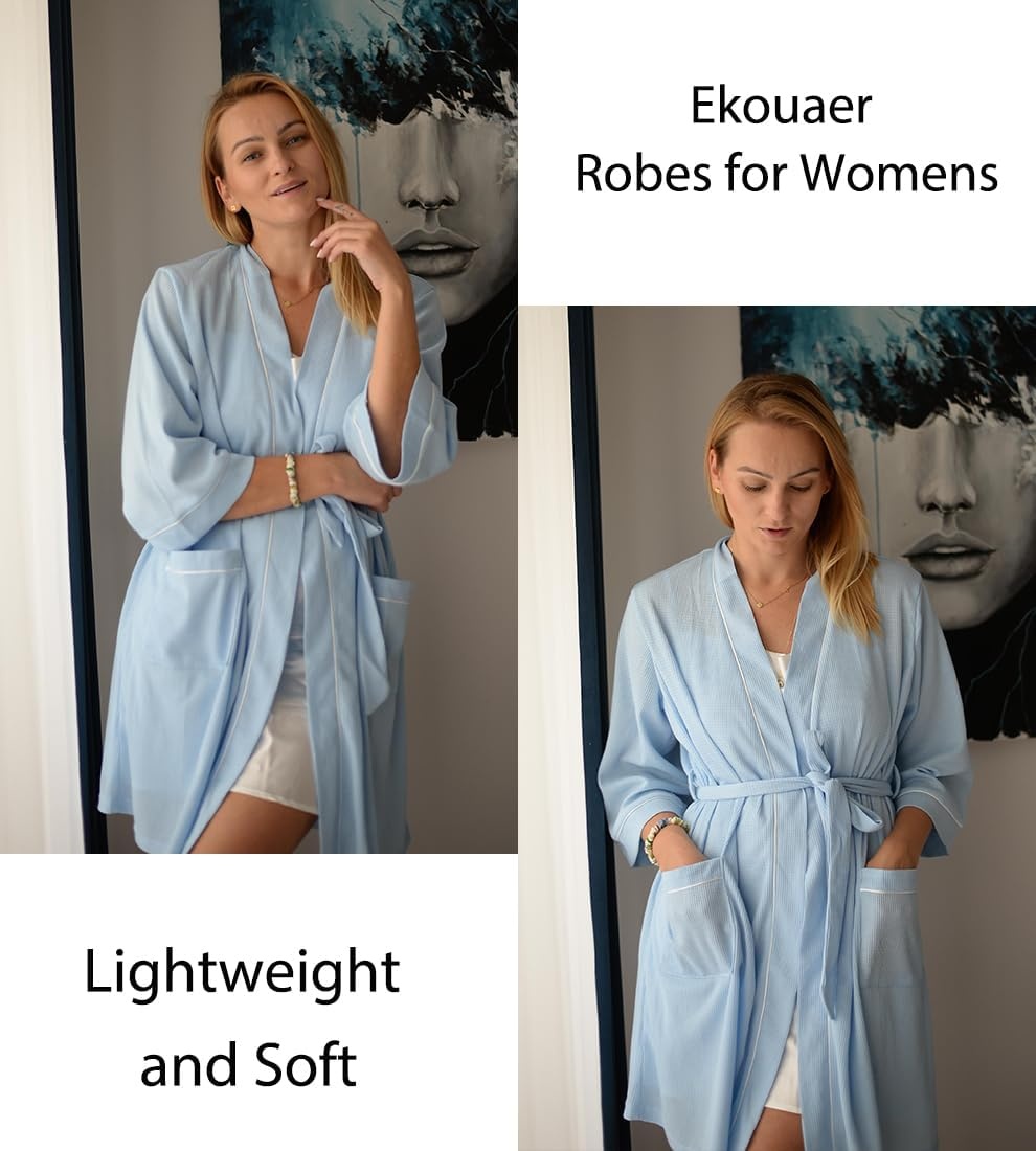 image:imageEkouaer Women Robes Waffle Knee Length Bathrobe Lightweight Soft Sleepwear V neck 34 Sleeve Casual Ladies Loungewear SXXL