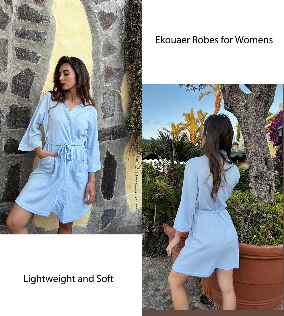image:imageEkouaer Women Robes Waffle Knee Length Bathrobe Lightweight Soft Sleepwear V neck 34 Sleeve Casual Ladies Loungewear SXXL