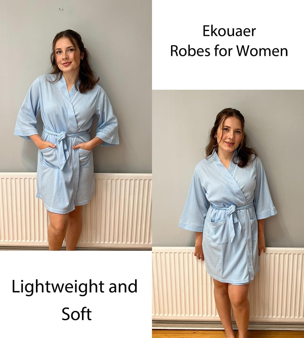 image:imageEkouaer Women Robes Waffle Knee Length Bathrobe Lightweight Soft Sleepwear V neck 34 Sleeve Casual Ladies Loungewear SXXL