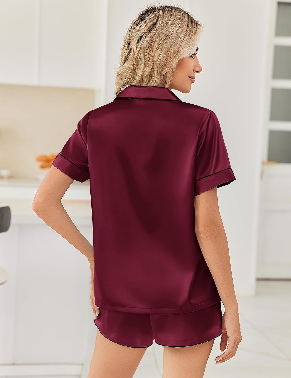 image:imageEkouaer Women Satin Pajama Sets Cute Print Silk Pjs Shorts Sets S4XLWine Red