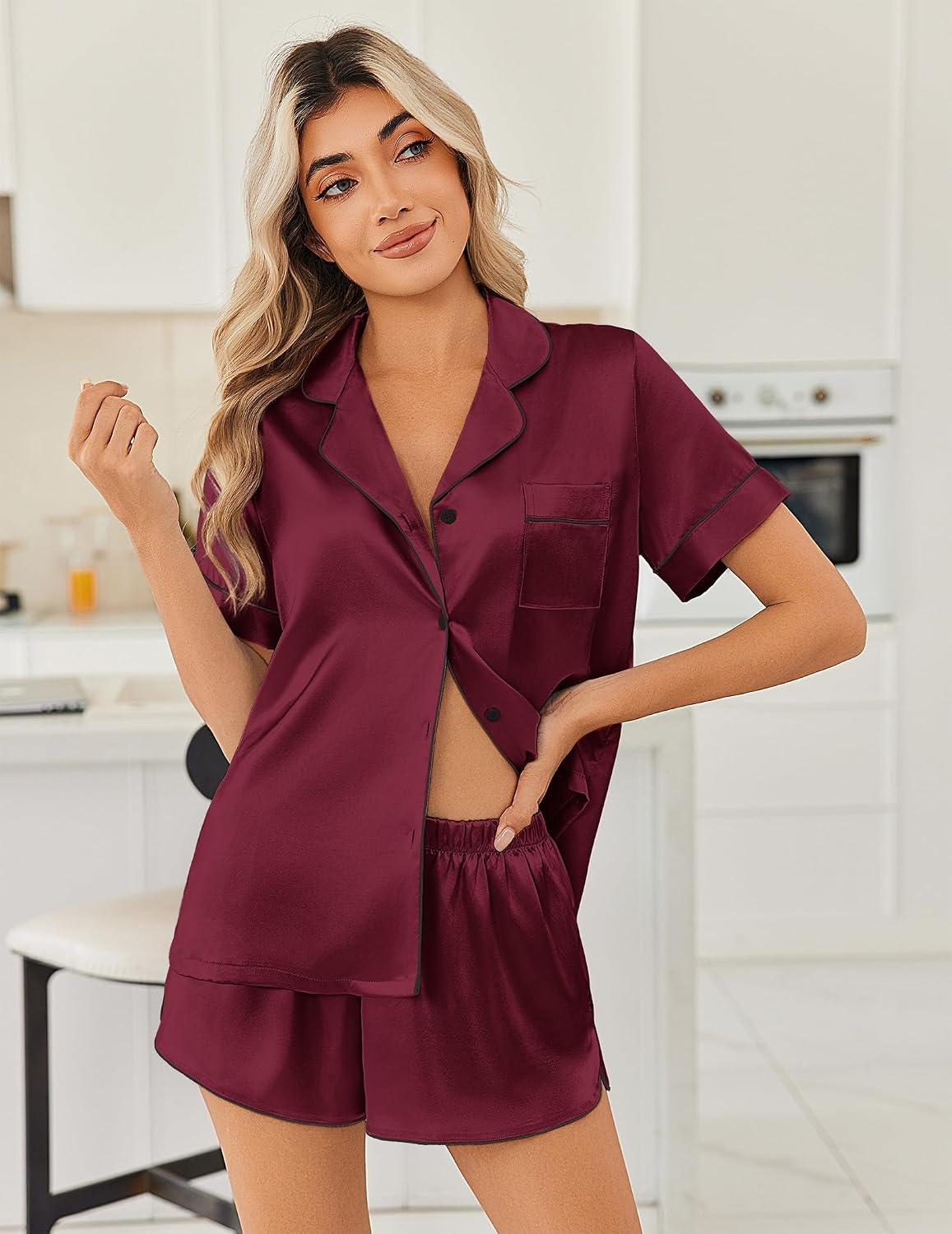 image:imageEkouaer Women Satin Pajama Sets Cute Print Silk Pjs Shorts Sets S4XLWine Red