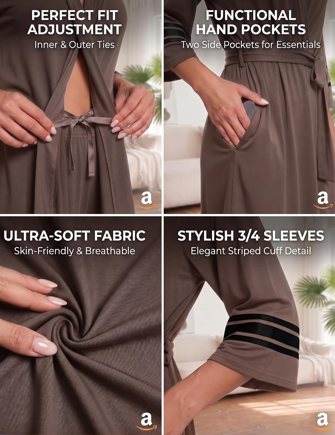 image:imageEkouaer Womens Robe Lightweight 34 Sleeve Soft Knit Bathrobe SleepwearLight Brown