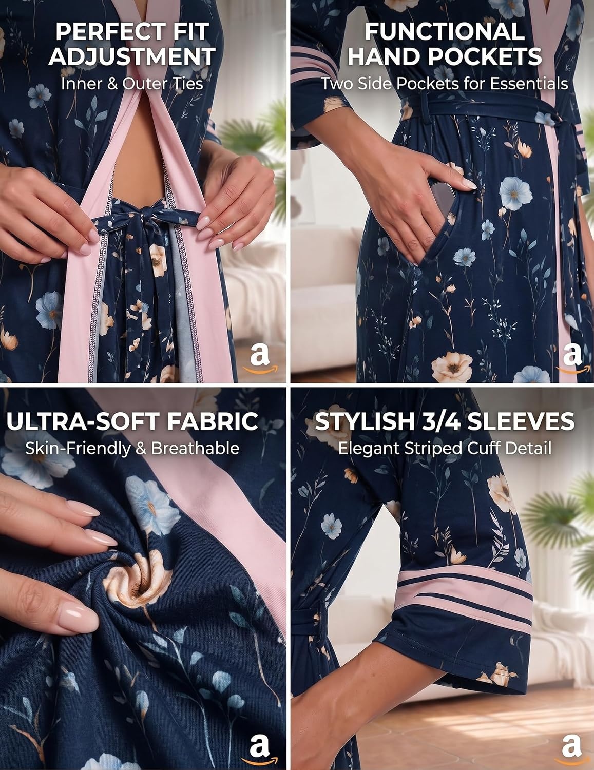 image:imageEkouaer Womens Robe Lightweight 34 Sleeve Soft Knit Bathrobe SleepwearP Navy Floral