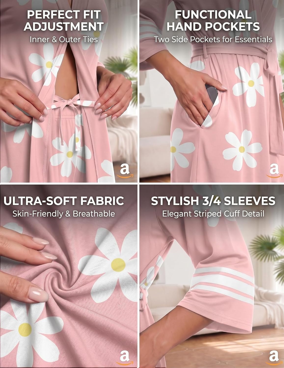 image:imageEkouaer Womens Robe Lightweight 34 Sleeve Soft Knit Bathrobe SleepwearP Pink Floral