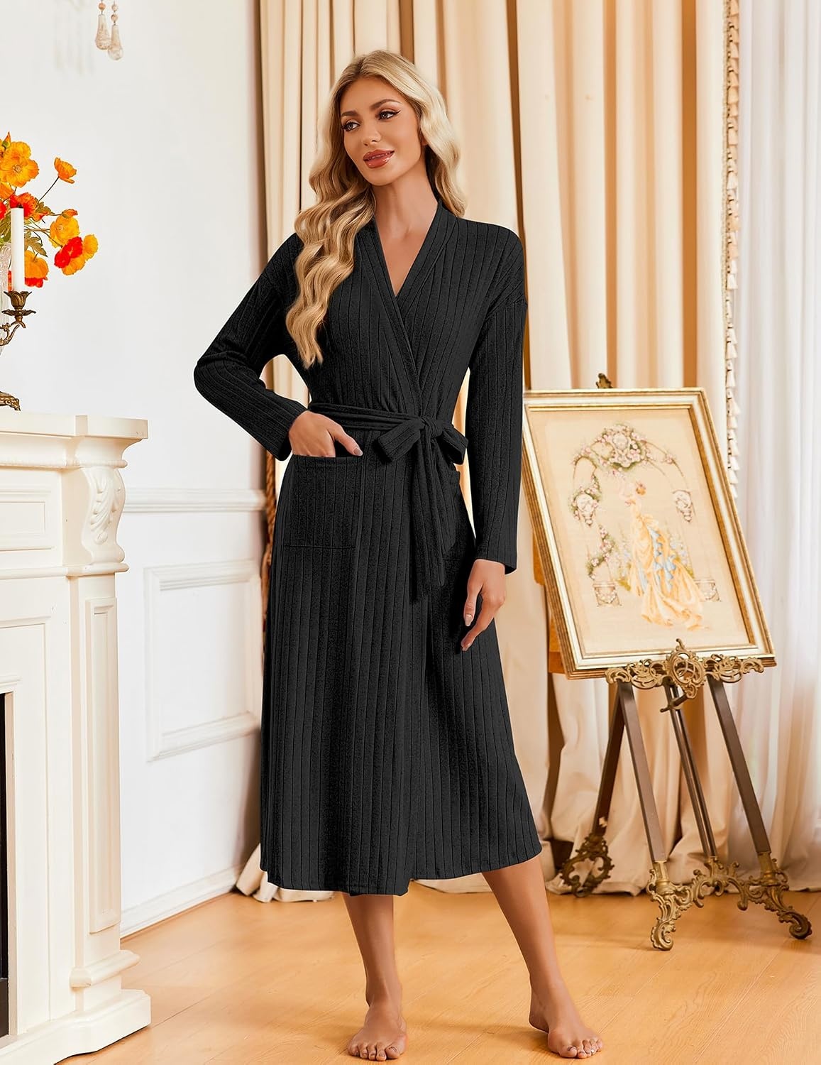 image:imageEkouaer Womens Robes Long Bathrobe Ribbed Knit Kimono Robe Soft SleepwearBlack