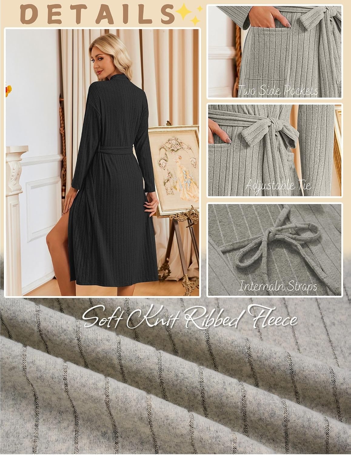 image:imageEkouaer Womens Robes Long Bathrobe Ribbed Knit Kimono Robe Soft SleepwearBlack