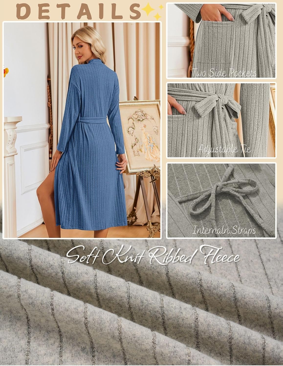 image:imageEkouaer Womens Robes Long Bathrobe Ribbed Knit Kimono Robe Soft SleepwearBlue