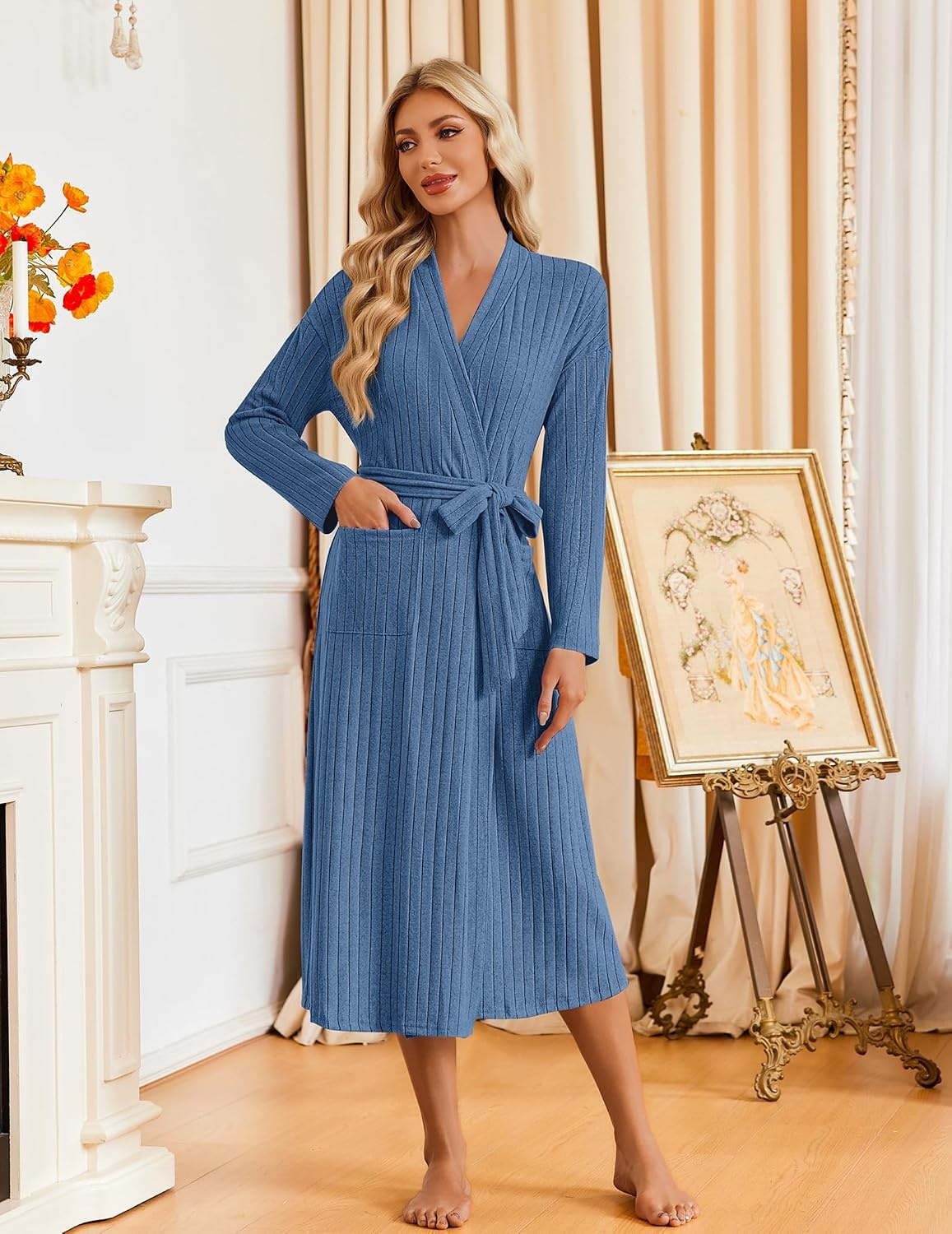 image:imageEkouaer Womens Robes Long Bathrobe Ribbed Knit Kimono Robe Soft SleepwearBlue