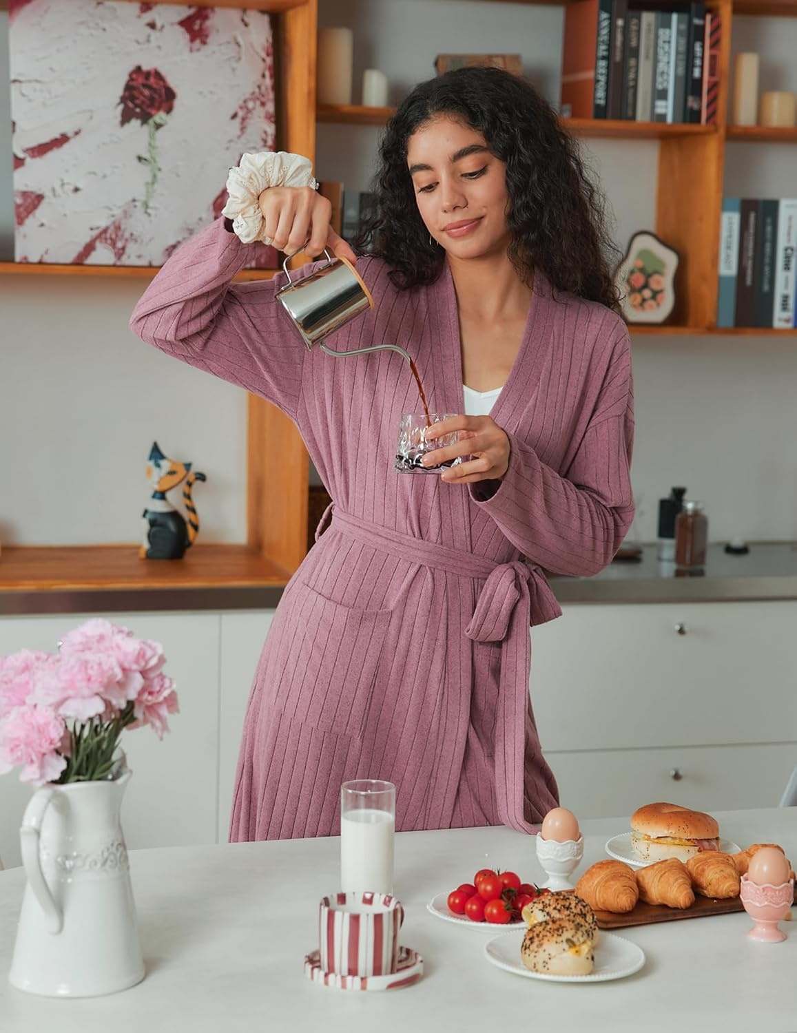 image:imageEkouaer Womens Robes Long Bathrobe Ribbed Knit Kimono Robe Soft SleepwearDusty Rose