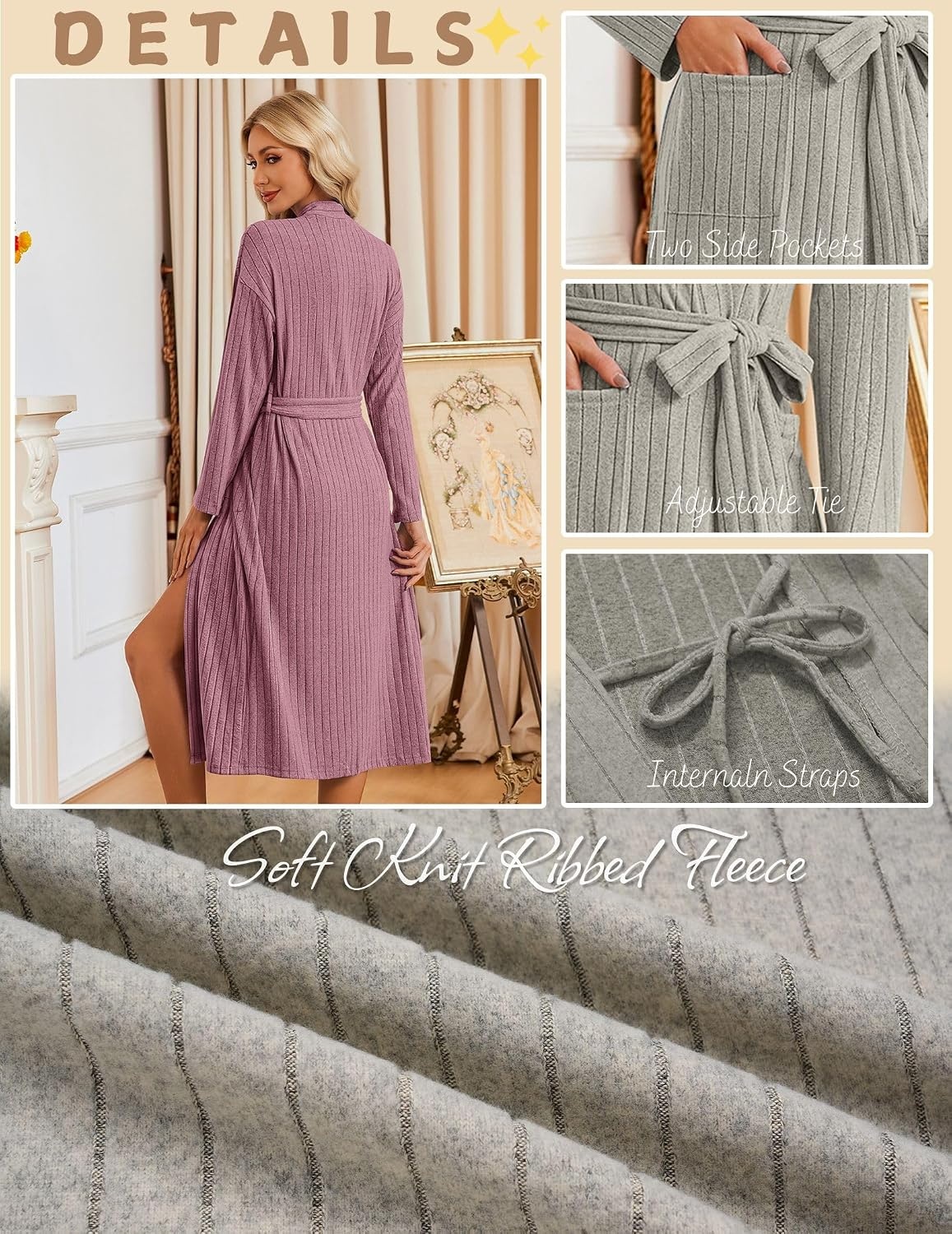 image:imageEkouaer Womens Robes Long Bathrobe Ribbed Knit Kimono Robe Soft SleepwearDusty Rose