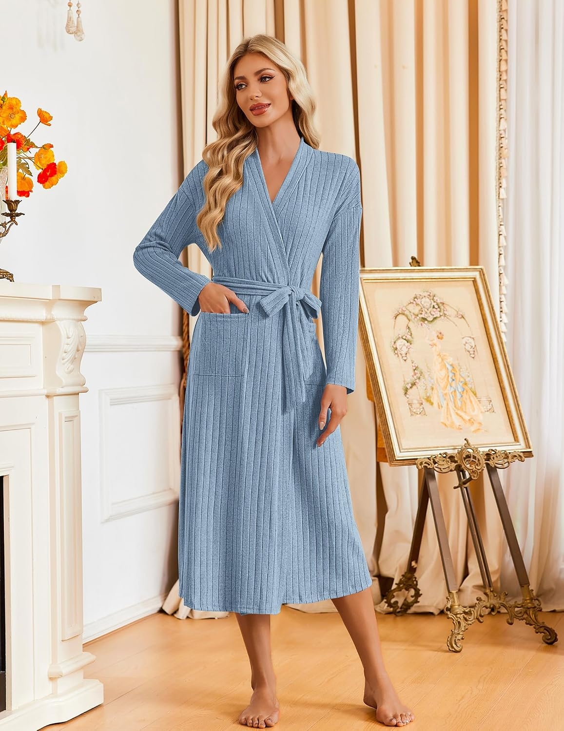 image:imageEkouaer Womens Robes Long Bathrobe Ribbed Knit Kimono Robe Soft SleepwearLight Blue