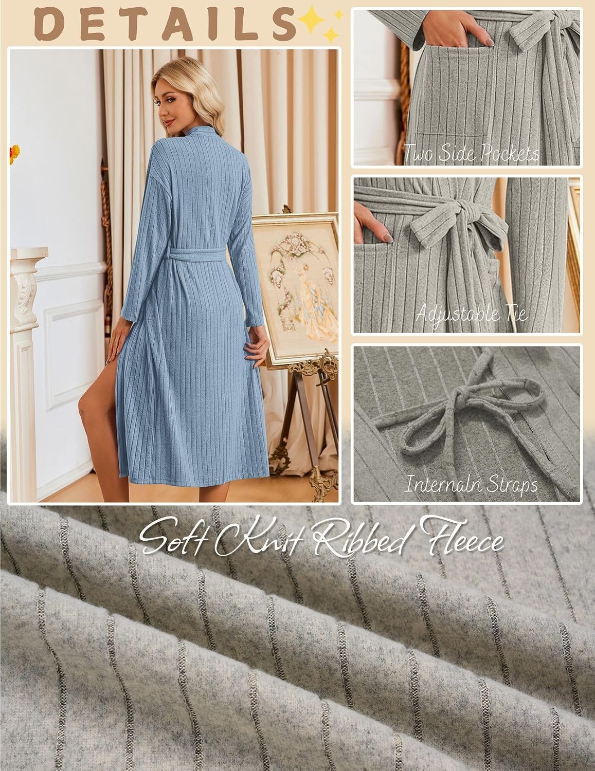 image:imageEkouaer Womens Robes Long Bathrobe Ribbed Knit Kimono Robe Soft SleepwearLight Blue