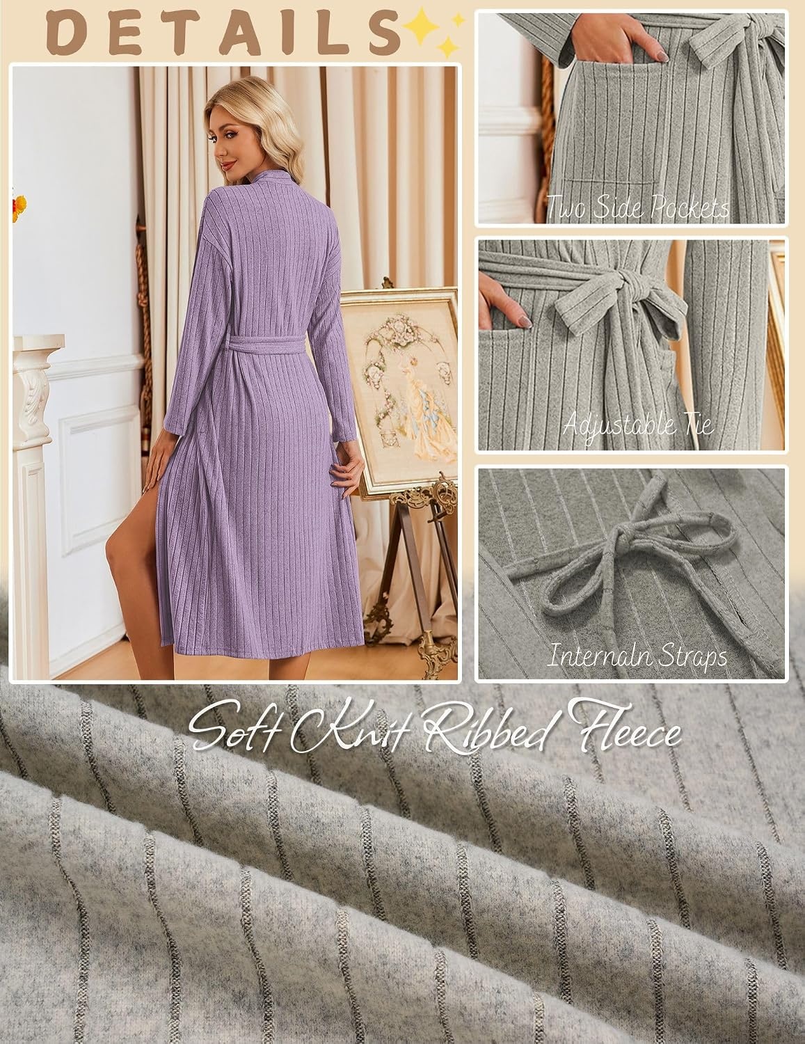 image:imageEkouaer Womens Robes Long Bathrobe Ribbed Knit Kimono Robe Soft SleepwearPurple