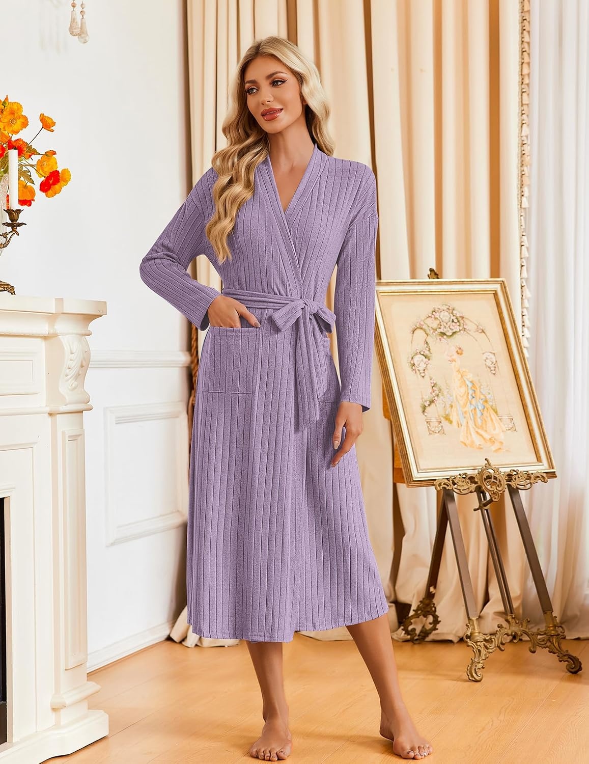 image:imageEkouaer Womens Robes Long Bathrobe Ribbed Knit Kimono Robe Soft SleepwearPurple