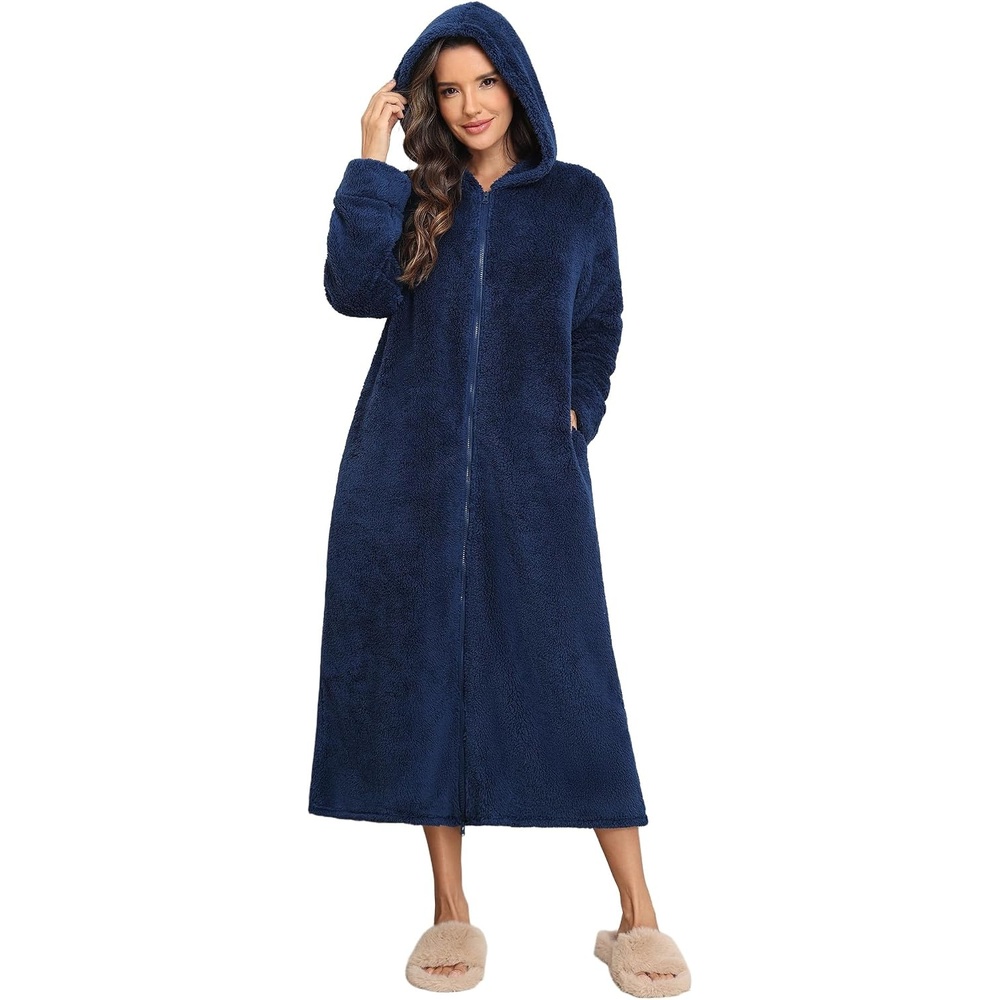 image:imageEkouaer Fleece Robes for Women Zipper Long Bathrobe Plush Hooded HousecoatB Navy Blue