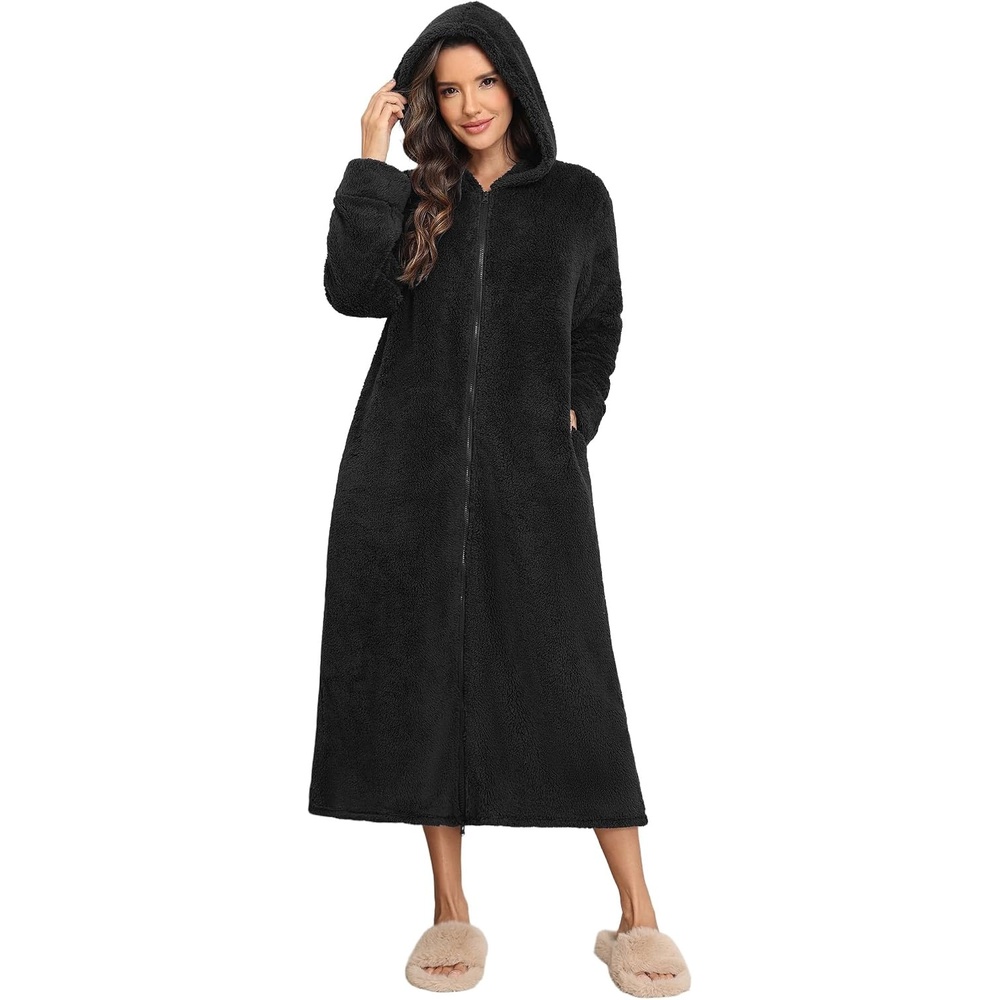 image:imageEkouaer Fleece Robes for Women Zipper Long Bathrobe Plush Hooded HousecoatBlack