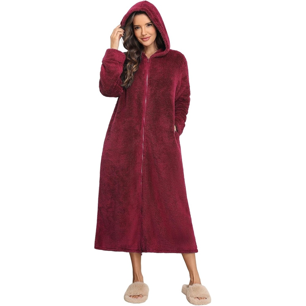 image:imageEkouaer Fleece Robes for Women Zipper Long Bathrobe Plush Hooded HousecoatD Wine Red
