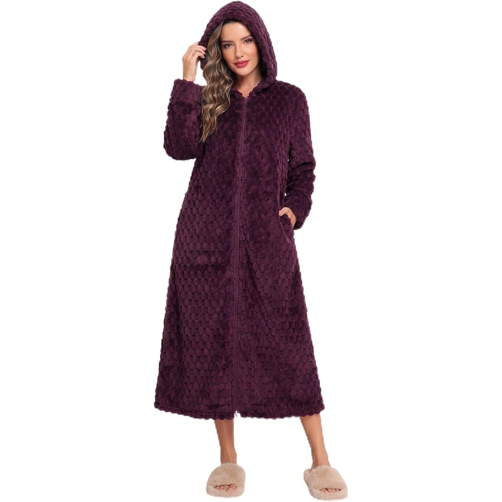 image:imageEkouaer Fleece Robes for Women Zipper Long Bathrobe Plush Hooded HousecoatP Dark Purple Jacquard