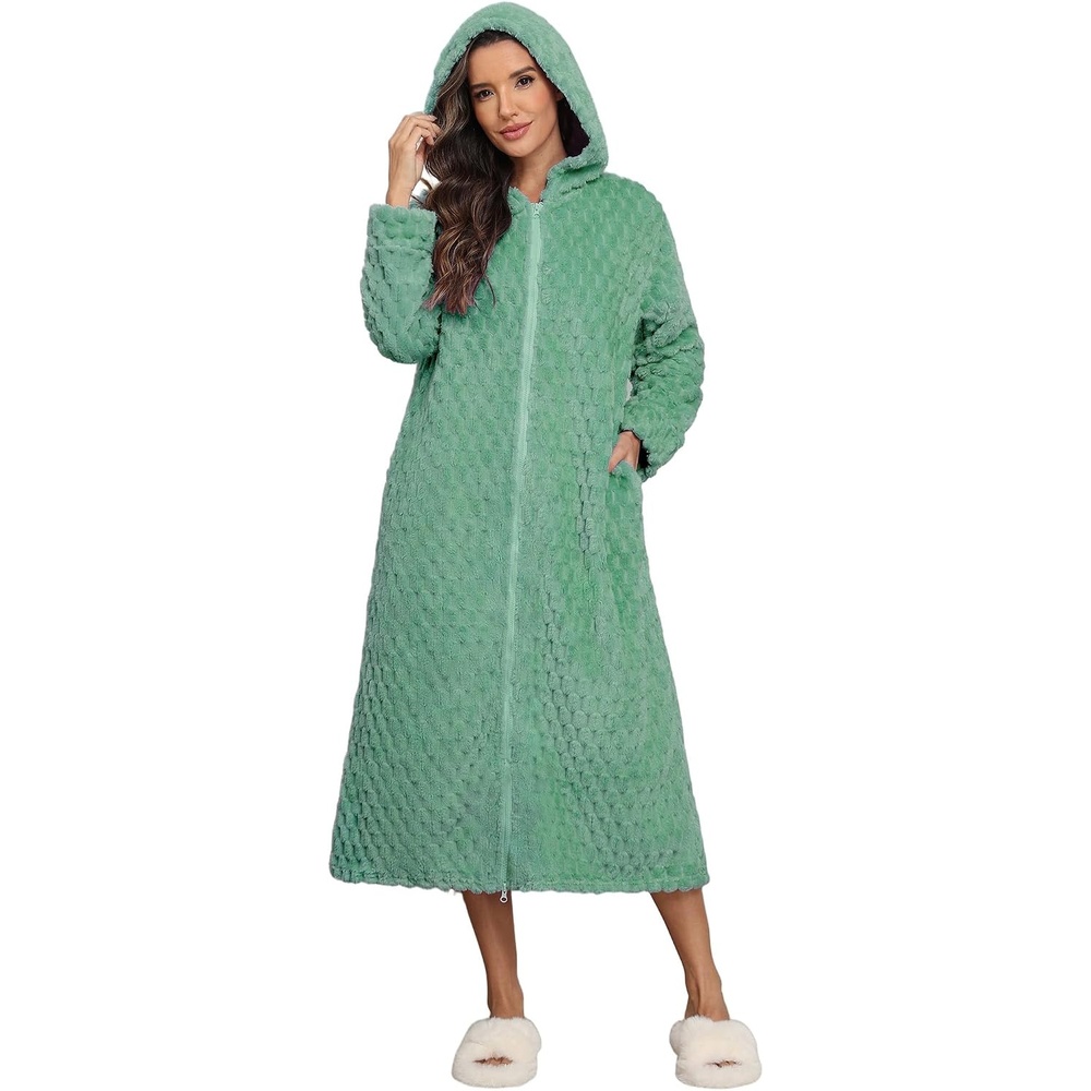 image:imageEkouaer Fleece Robes for Women Zipper Long Bathrobe Plush Hooded HousecoatP Green Jacquard