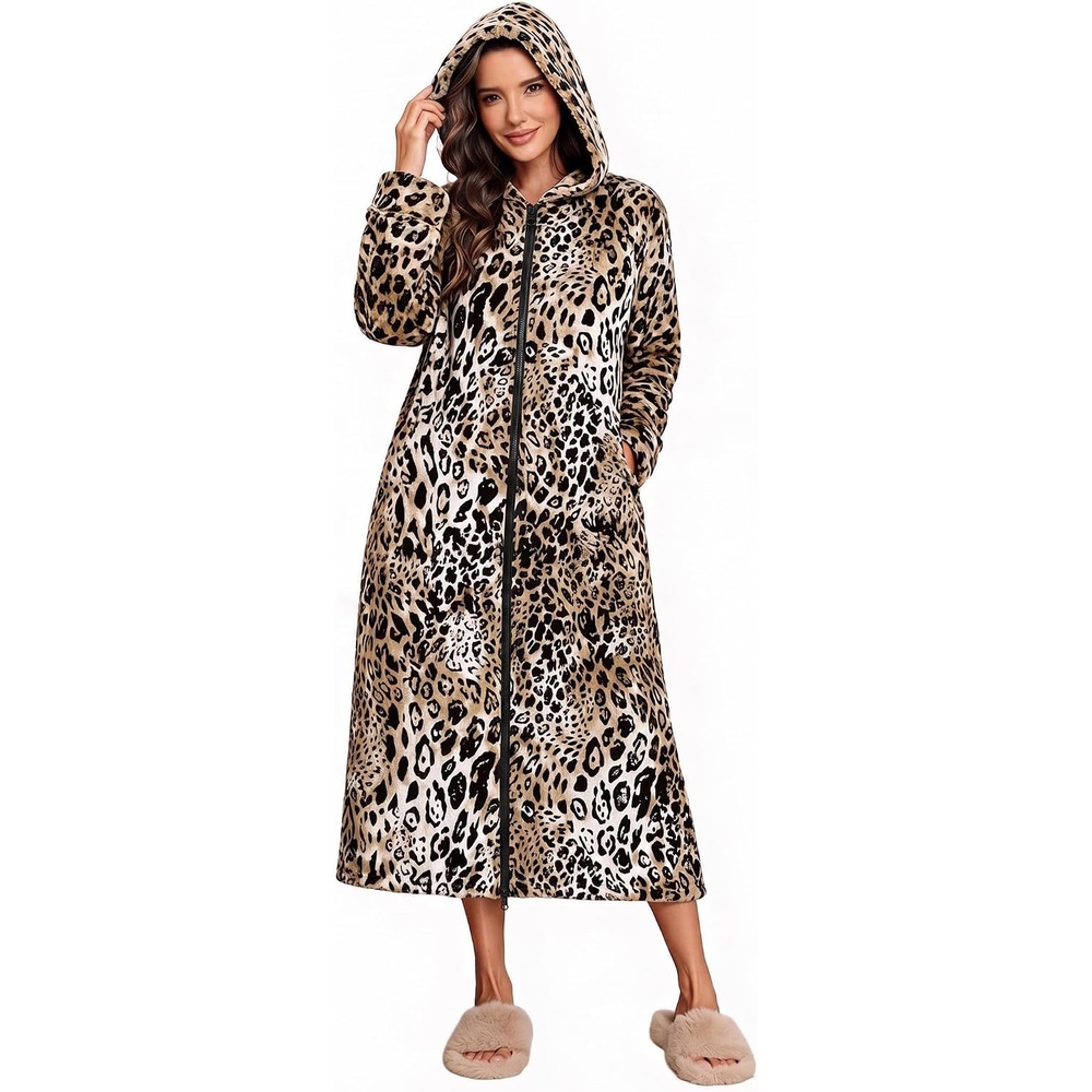 image:imageEkouaer Fleece Robes for Women Zipper Long Bathrobe Plush Hooded HousecoatP Leopard