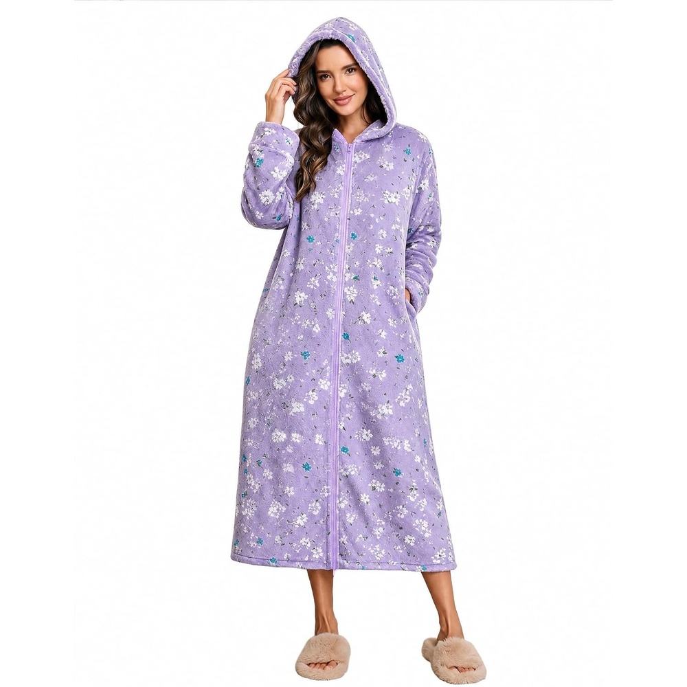 image:imageEkouaer Fleece Robes for Women Zipper Long Bathrobe Plush Hooded HousecoatP Purple Flowers