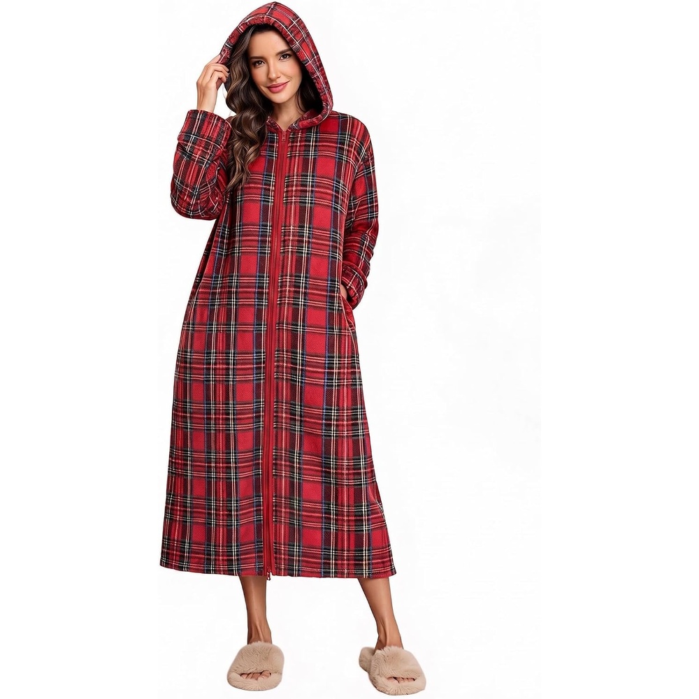 image:imageEkouaer Fleece Robes for Women Zipper Long Bathrobe Plush Hooded HousecoatP Red Plaid