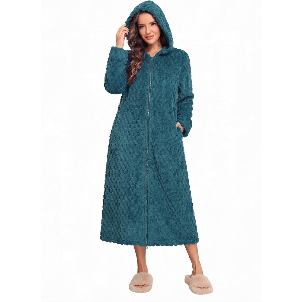 image:imageEkouaer Fleece Robes for Women Zipper Long Bathrobe Plush Hooded HousecoatPeacock Blue Jacquard