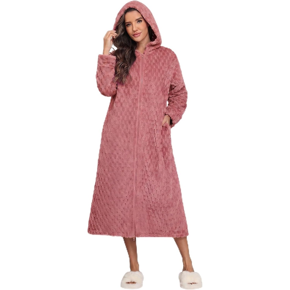 image:imageEkouaer Fleece Robes for Women Zipper Long Bathrobe Plush Hooded HousecoatPurple Red Jacquard