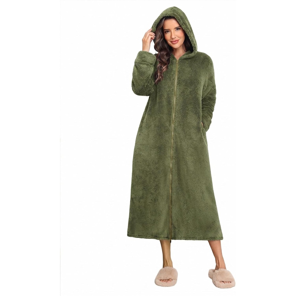 image:imageEkouaer Fleece Robes for Women Zipper Long Bathrobe Plush Hooded HousecoatZ Army Green