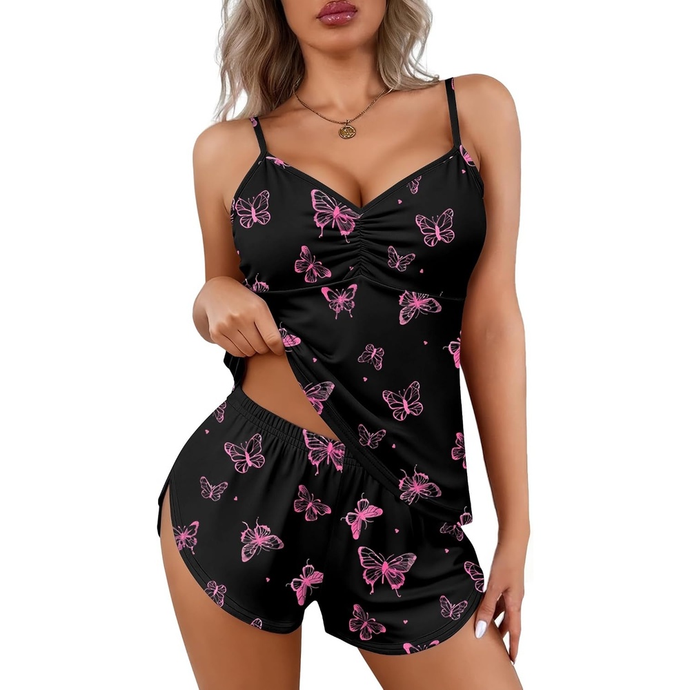 image:imageEkouaer Pajama Sets for Women V Neck Cami Split Short SetBlack Butterfly