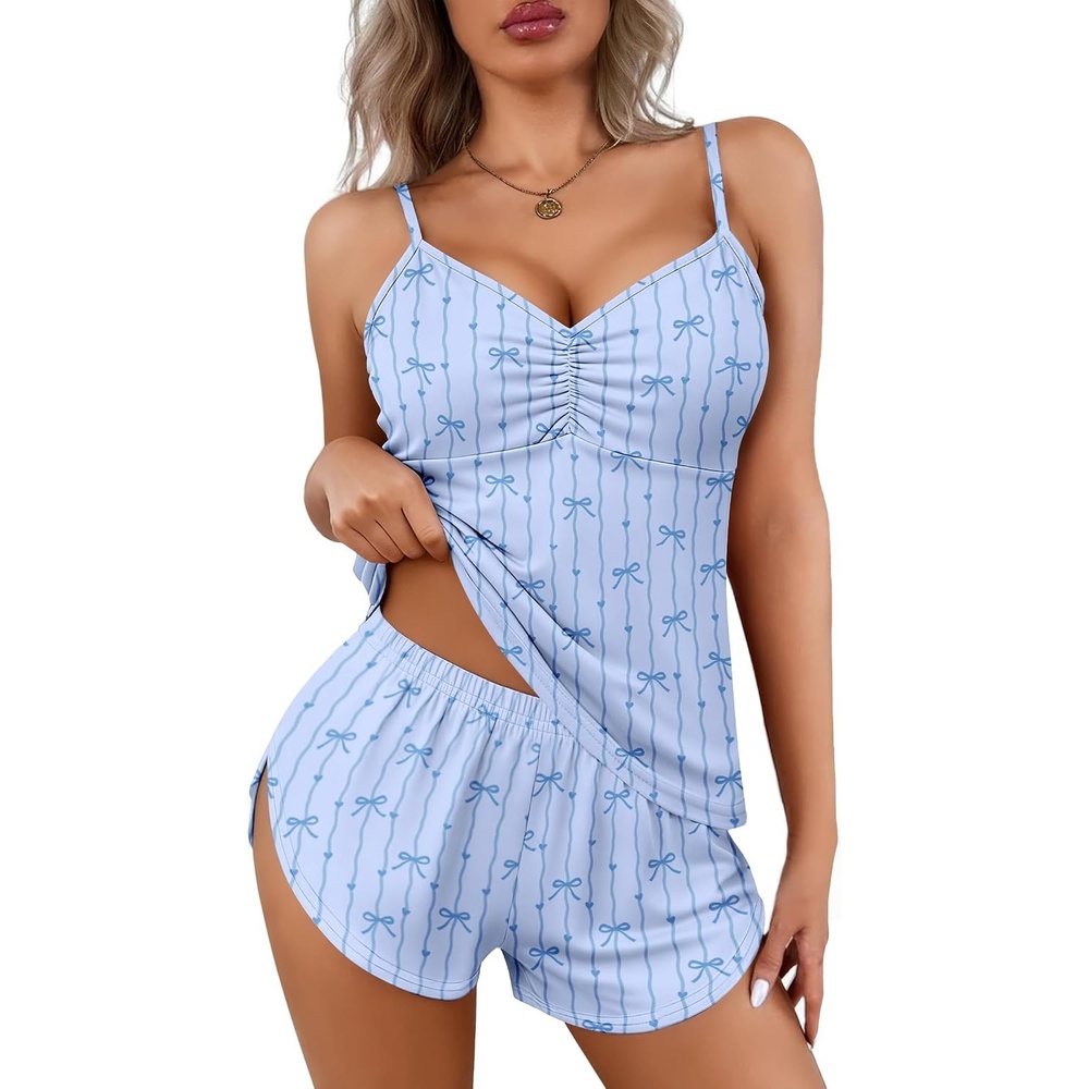 image:imageEkouaer Pajama Sets for Women V Neck Cami Split Short SetBlue Bow