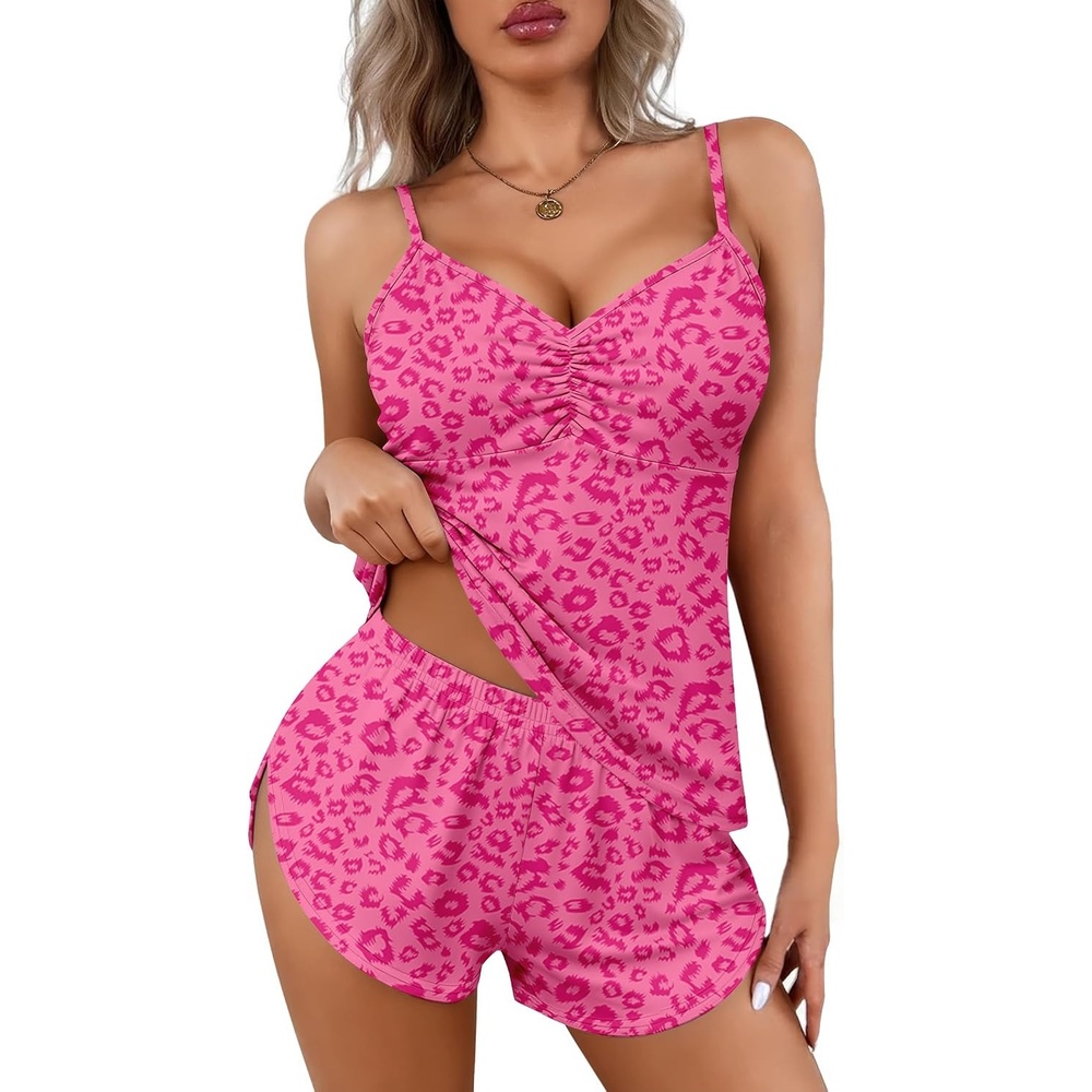 image:imageEkouaer Pajama Sets for Women V Neck Cami Split Short SetTeddy Leopard Print