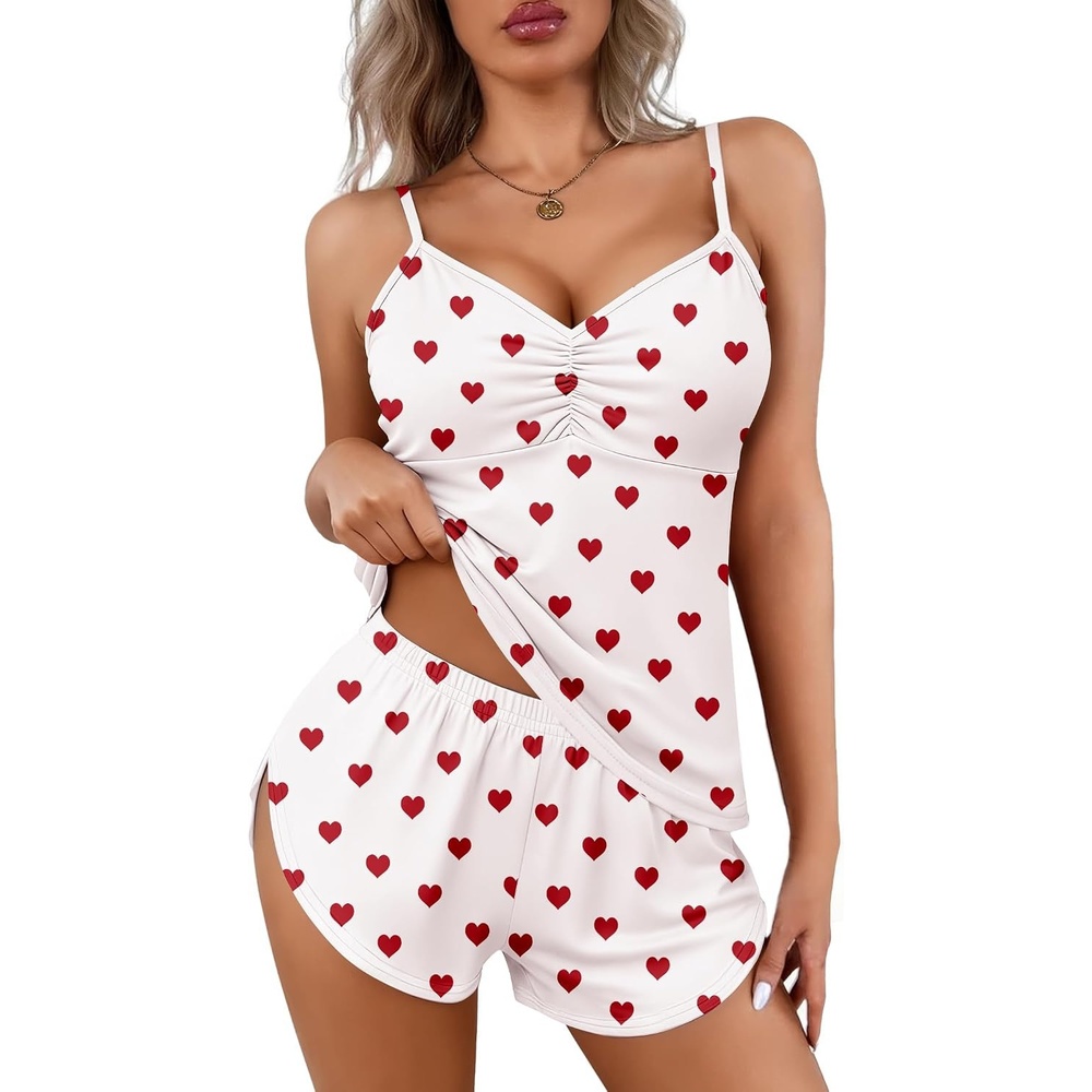 image:imageEkouaer Pajama Sets for Women V Neck Cami Split Short SetWhite Heart