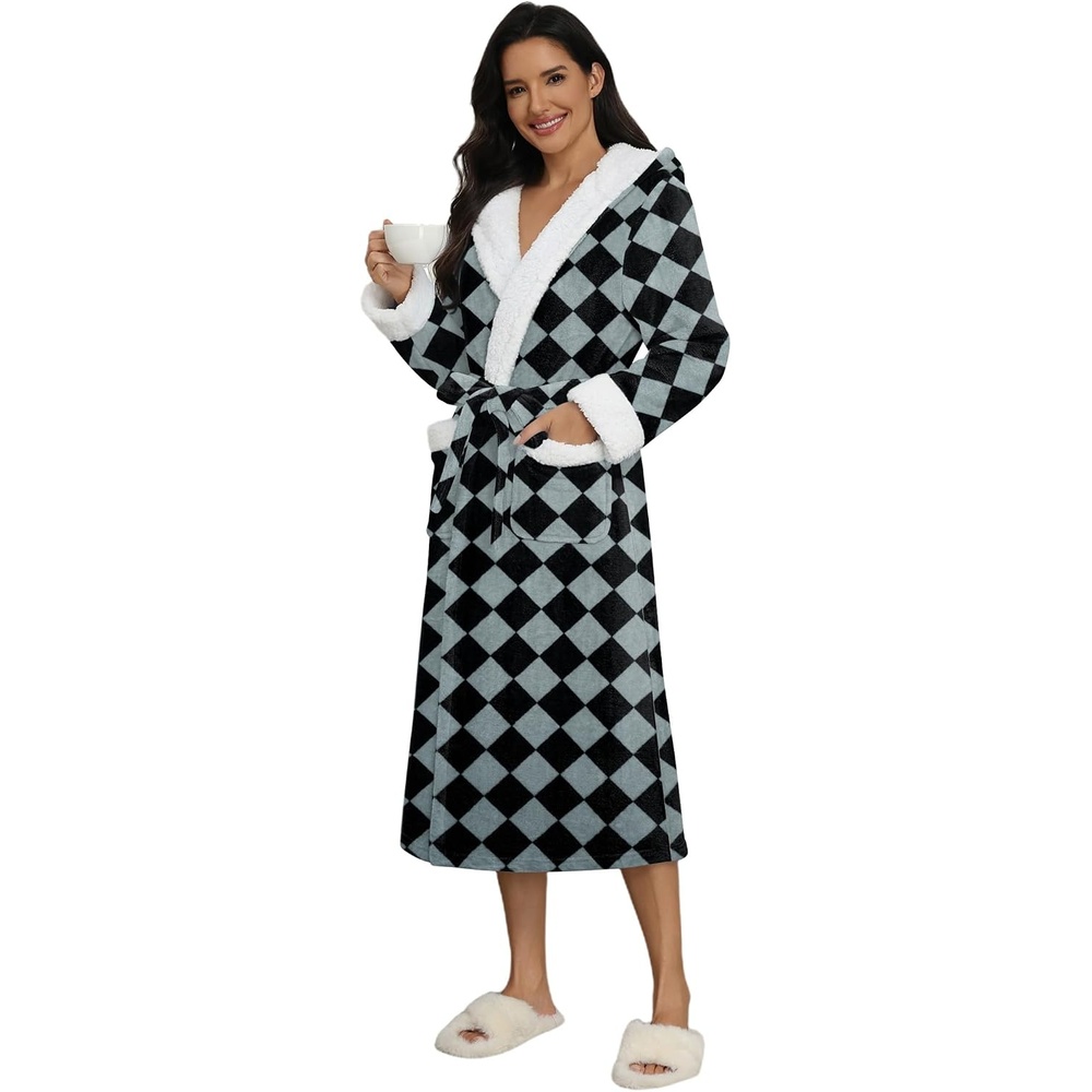 image:imageEkouaer Plush Warm Robes for Women Fluffy Hooded Robe Soft Fleece Long BathrobeBlack Diamond Pattern