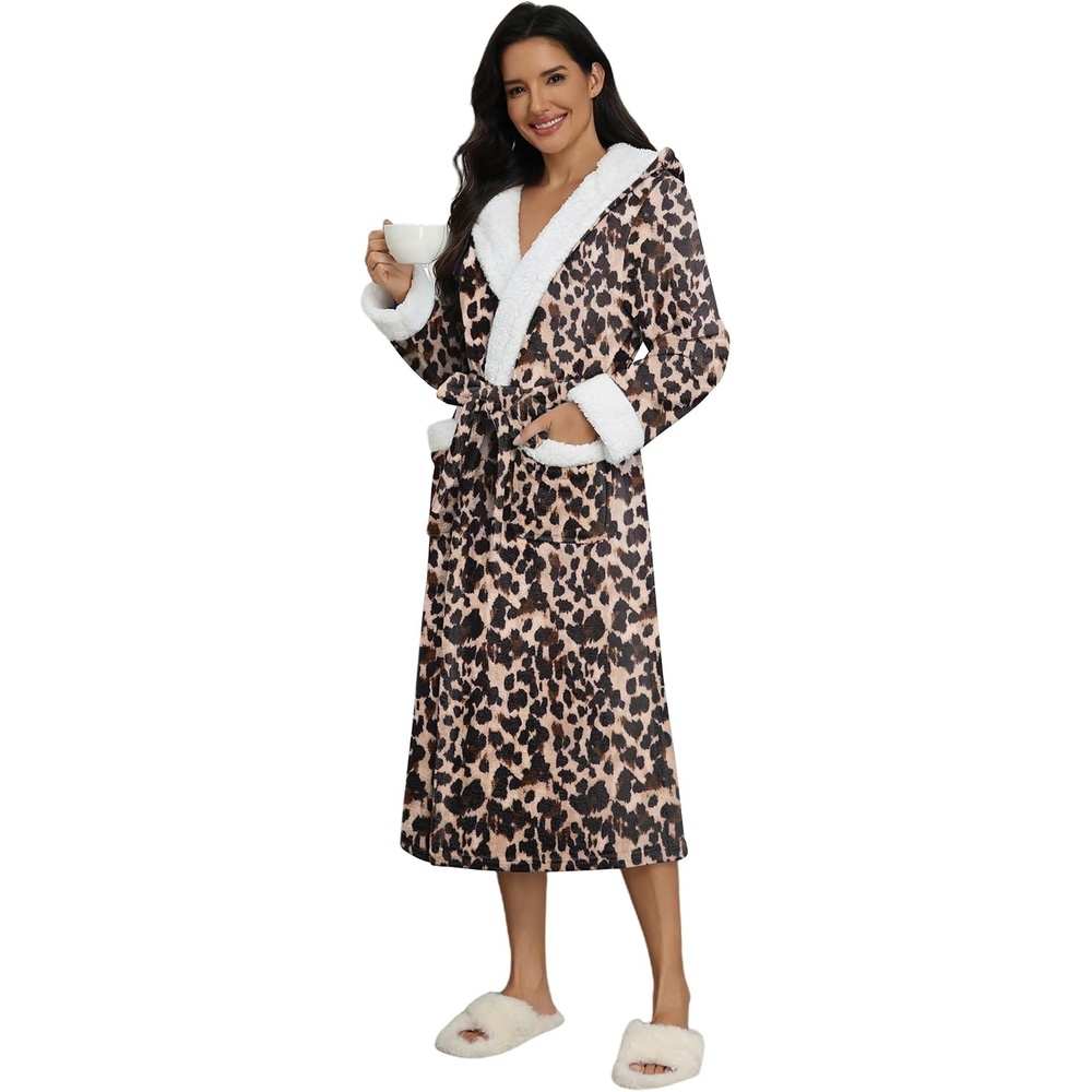 image:imageEkouaer Plush Warm Robes for Women Fluffy Hooded Robe Soft Fleece Long BathrobeLeopard Print