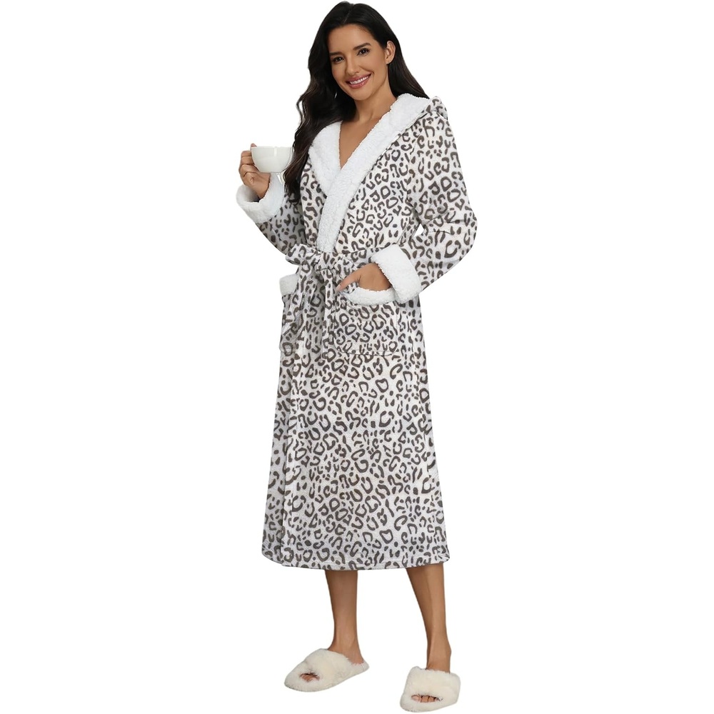 image:imageEkouaer Plush Warm Robes for Women Fluffy Hooded Robe Soft Fleece Long BathrobeLeopard Print White